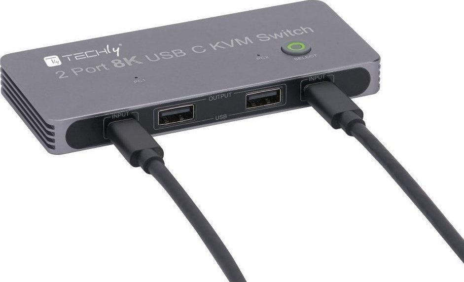 USB C KVM прекинувач Techly, DisplayPort 1.4 8K, 2x USB C, 3x USB 2.0, црн