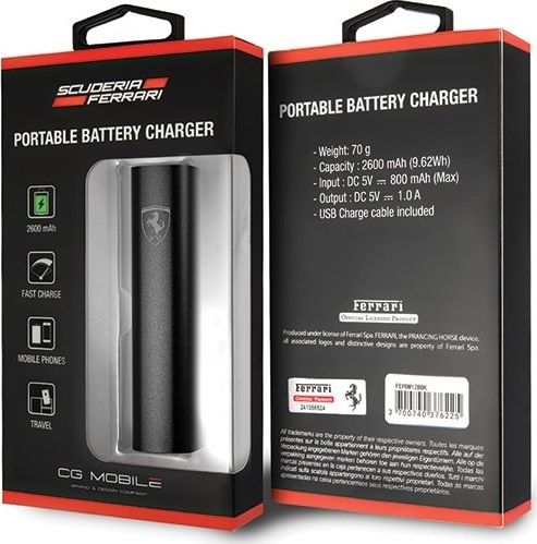 Портабилен полнач Ferrari Black Silver Racing, 2600mAh, USB излез, црн
