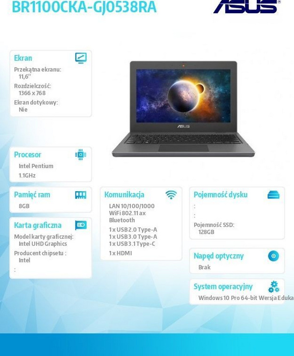 Laptop Asus BR1100C, 11.6", HD, Intel Pentium Silver N6000, 8 GB RAM, SSD 128 GB, Windows 10 Pro Edu, i hirtë