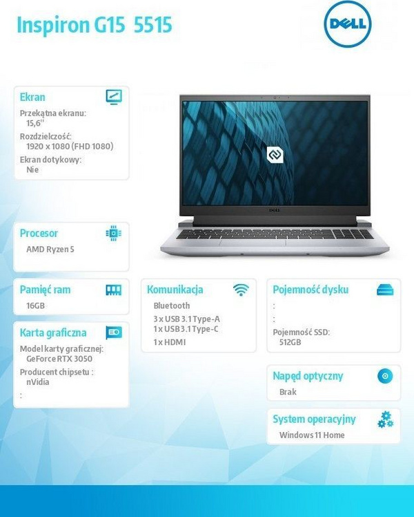 Laptop Dell, 15.6", Full HD, NVIDIA GeForce RTX 3050 Laptop GPU, Windows 11 Home, AMD Ryzen 5 5600H, 8 GB RAM