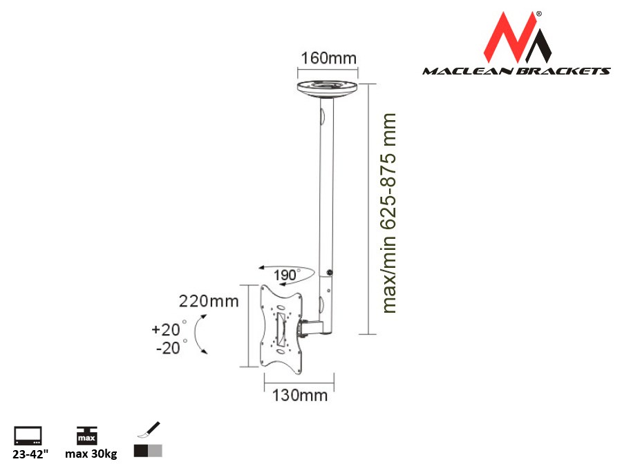 Mbajtëse tavani Maclean MC-504A S, 23-42", 30kg, e argjendtë