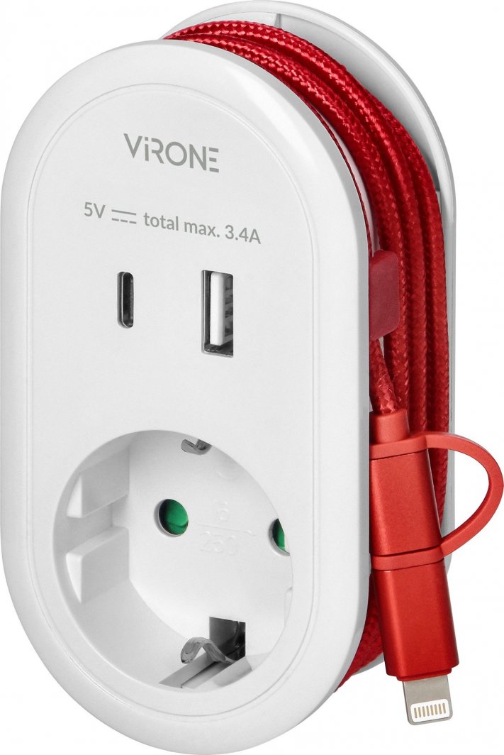 Адаптер приклучок Orno со USB, 1x Schuko, 2x USB Type A+C, 3.4A, бел