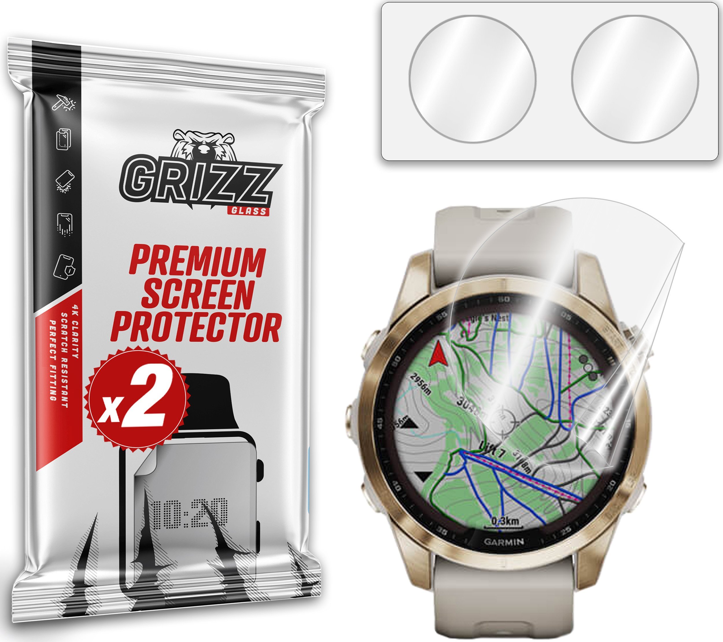 Folie mbrojtëse Grizz CeramicFilm për Garmin Fenix 7S, set 2 copë, transparente