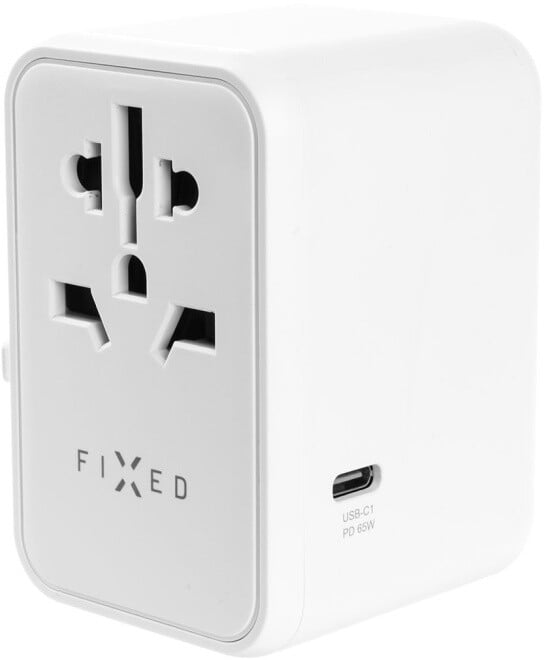 Përshtatës udhëtimi FIXED për EU, UK dhe USA/AUS, 3xUSB-C, 2xUSB-A, GaN, PD 65W, i bardhë