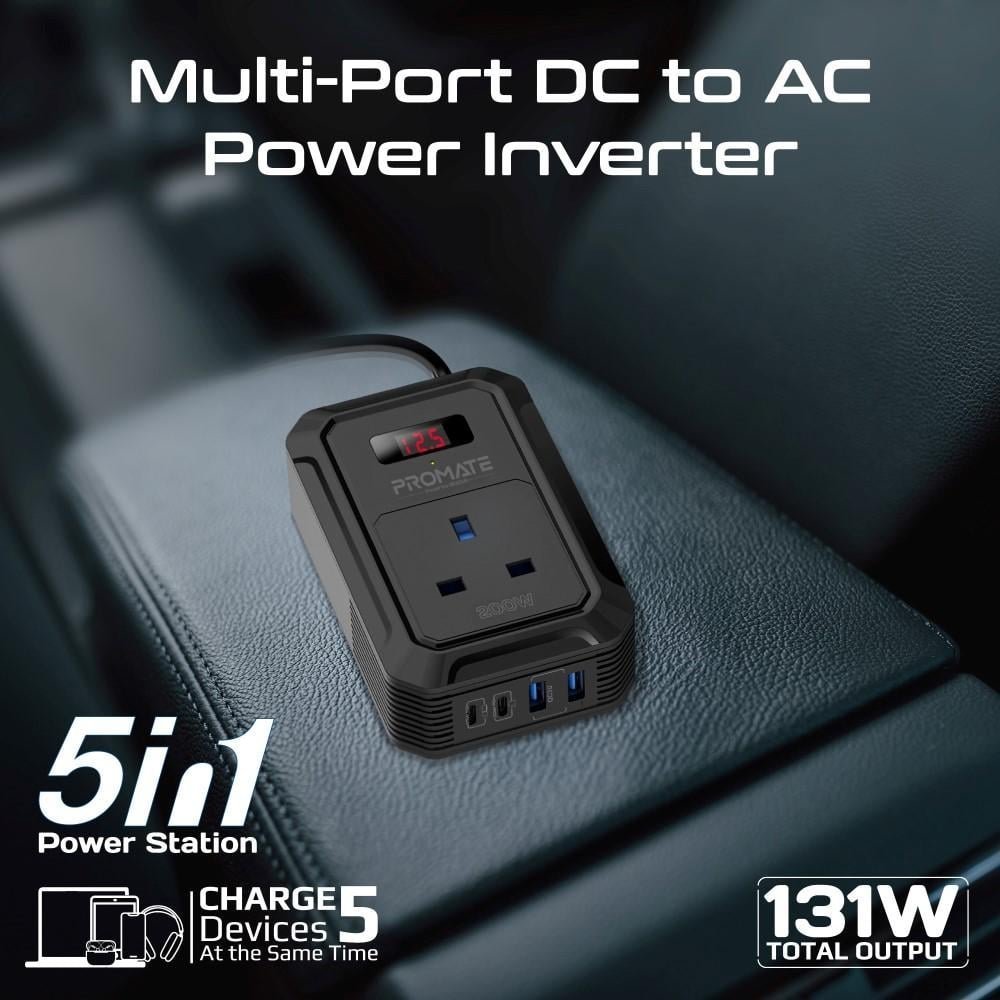 Inverter për veturë Promate Inverto 200W, dalje AC 12V, USB C PD 65W, i zi