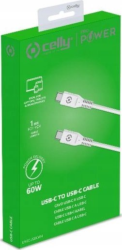 Kabllo USB C Celly, USB C në USB C, 60W, 1m, e bardhë