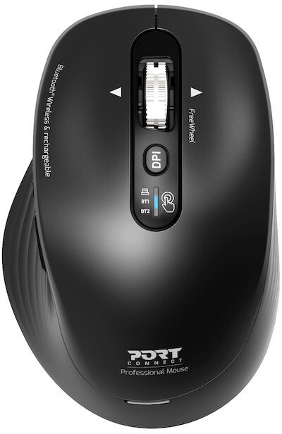 Maus Port Designs 910202, wireless RF dhe Bluetooth, 3200 DPI, për dorën e djathtë, i zi