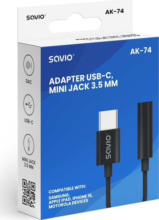 Аудио адаптер Savio AK-74, USB C во 3.5mm, DAC, црн