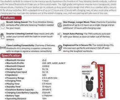 TWS слушалки Promate Charisma 2, Bluetooth 5.0, до 12 часа, црни