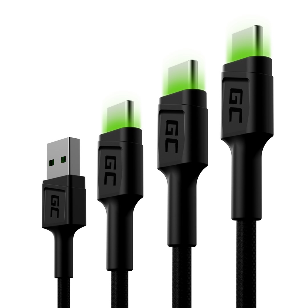 Сет кабли Green Cell, USB-A во USB-C, 3 парчиња, 2 m, црна