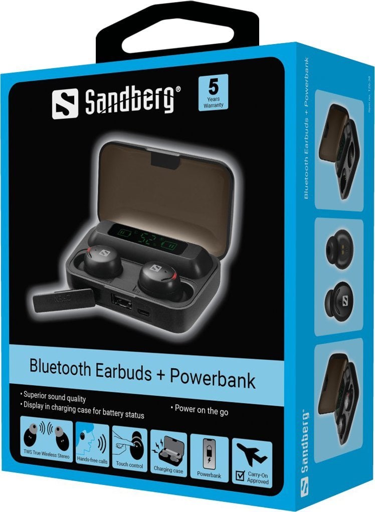 Kufje Sandberg Wireless Earbuds, Bluetooth, me powerbank, të zeza