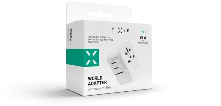 Përshtatës udhëtimi FIXED për EU, UK dhe USA/AUS, 3xUSB-C, 2xUSB-A, GaN, PD 65W, i bardhë