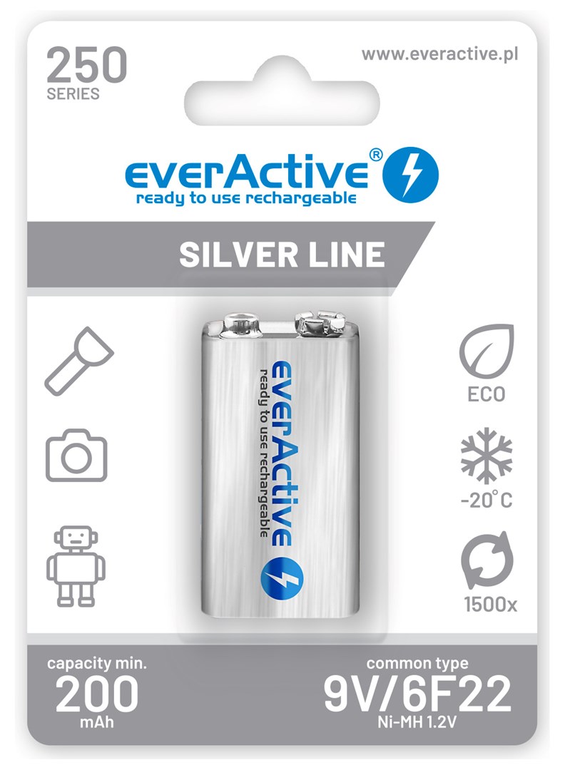 Bateri rikarikueshme EverActive Silver Line 9V, 250mAh, litium, e bardhë