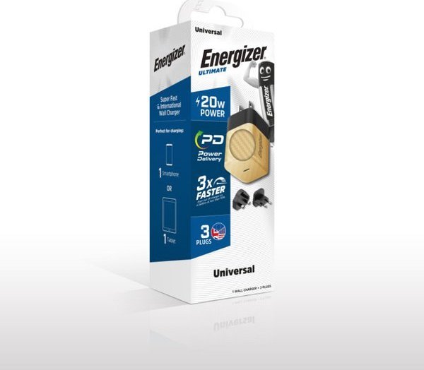 Karikues muri Energizer Ultimate, USB C 20W PD GaN, adapter EU UK US, ngjyrë ari