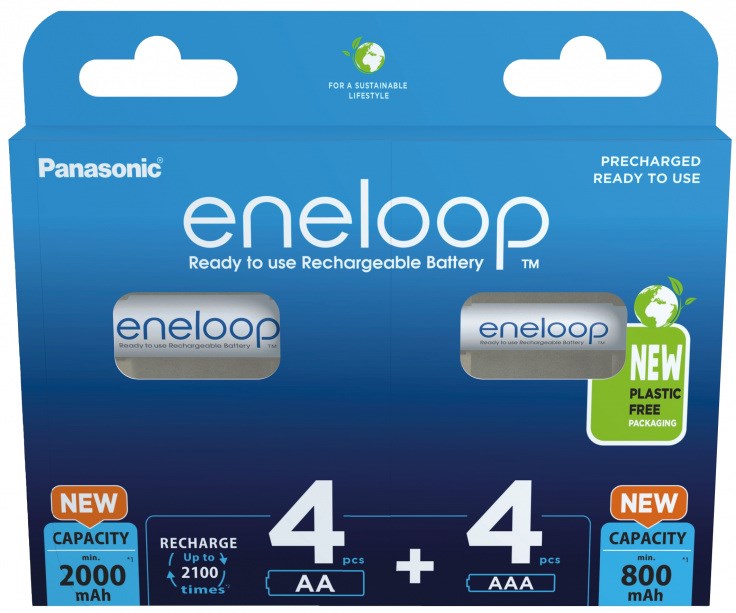 Set bateri rikarikueshme Panasonic Eneloop, 4x AA 2000mAh, 4x AAA 800mAh, të bardha