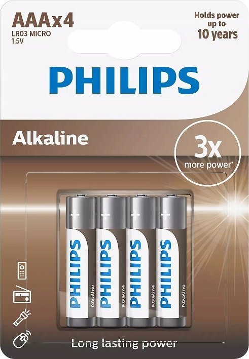 Bateri alkaline Philips AAA LR03, 1.5V, paketim 4 copë