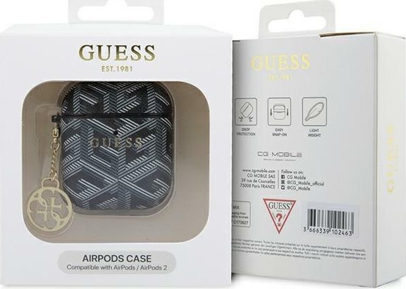 Mbulesë Guess për AirPods 1/2 G Cube, lëkurë PU, kompatibile me Qi, e zezë