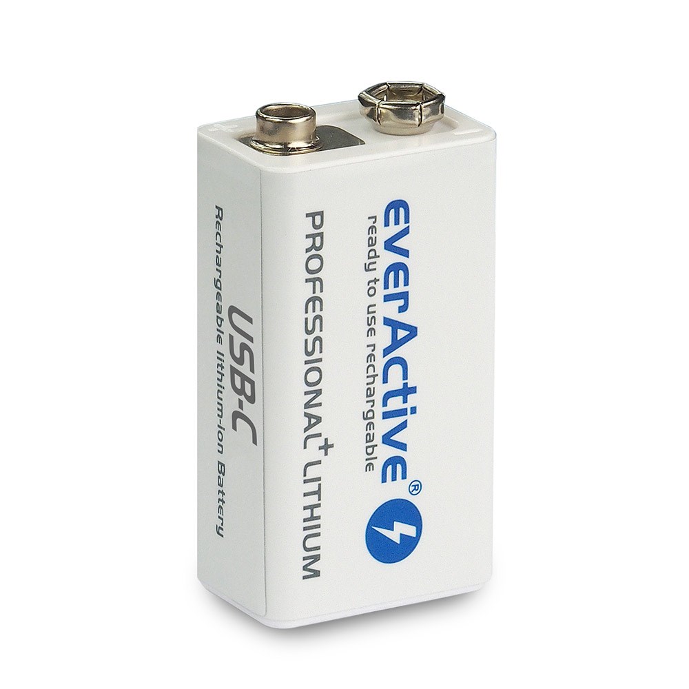 Bateri rikarikuese EverActive 550 Series, 9V 6F22 Li ion, 500mAh, e bardhë