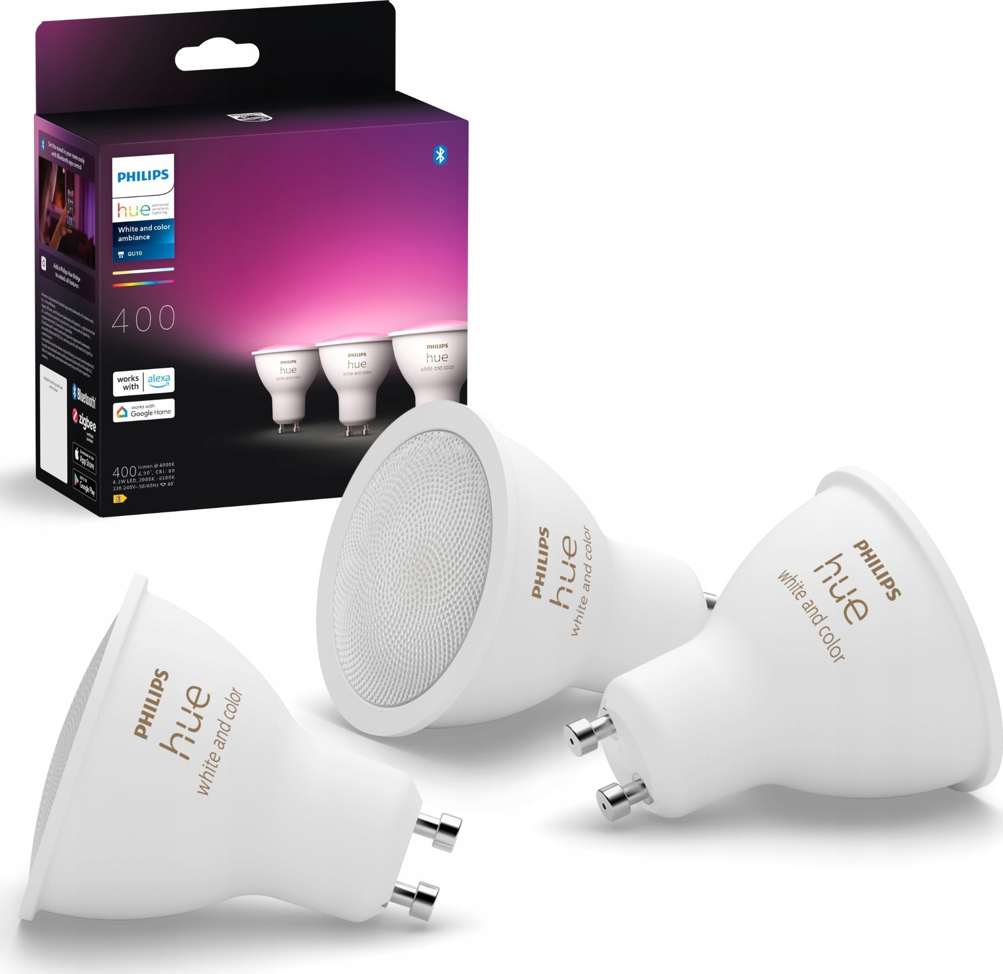 Llambë inteligjente Philips Hue GU10 White and Colour Ambience, 4.2W, e bardhë