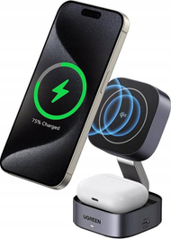 Stacion karikimi Ugreen 2 in 1 Qi2 Magnetic Foldable, me valë, i palosshëm, i zi