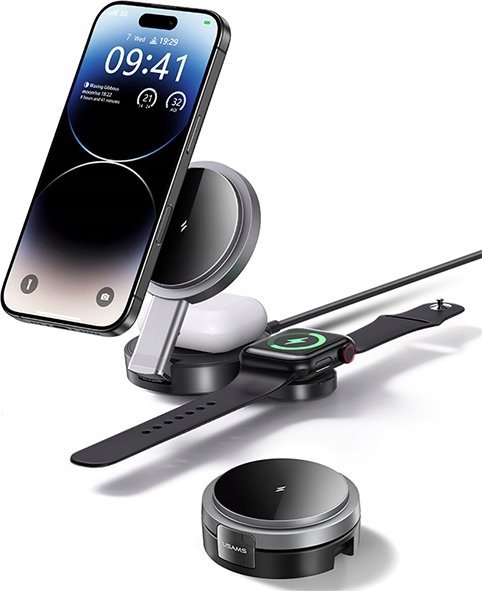 Karikues induktiv 3 në 1 Usams, 15W, për iPhone Apple Watch dhe kufje, i zi
