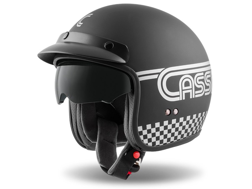 Helmeta moto Cassida Oxygen Rondo, polikarbonat, vizor dielli, e zezë mat me argjend