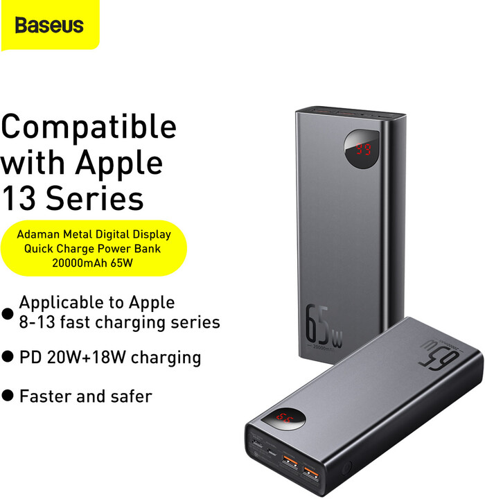 Powerbank me ekran dixhital Baseus Adaman Metal QC + PD, 20000mAh, 65W, i zi + kabllo USB-A/USB-C, 30cm, e zezë