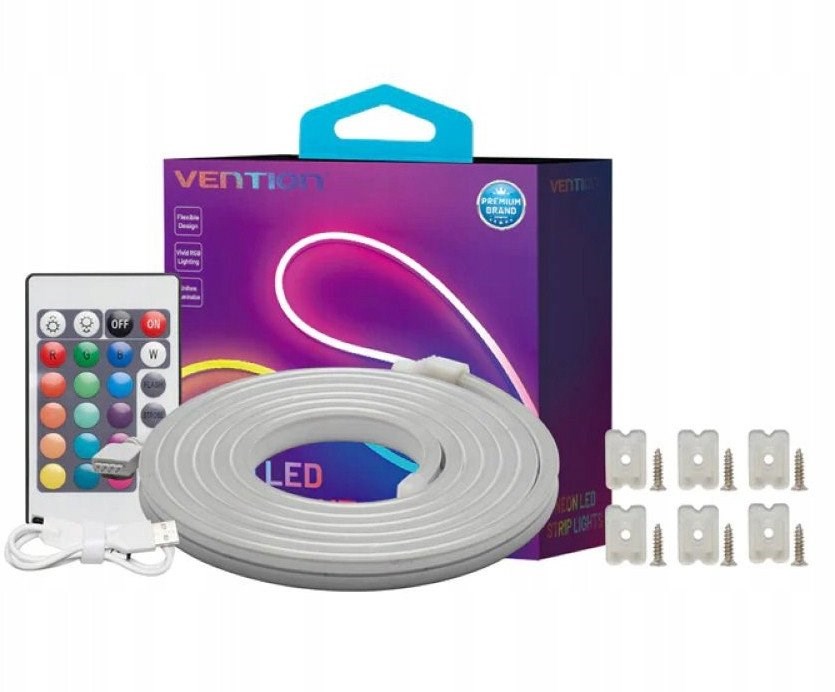 Декоративна LED лента Vention Neon Light Strip, 2m, USB 5V, со далечински управувач, IP65, повеќебојна