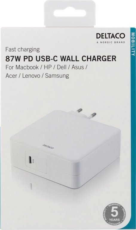 Karikues USB C DELTACO 87W, Fast Charge, i bardhë