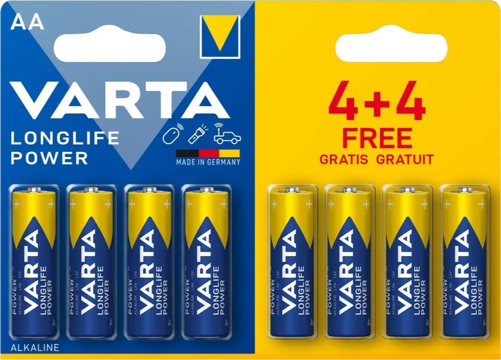 Bateri alkaline Varta Longlife Power AA, 1.5V, paketim 8 copë