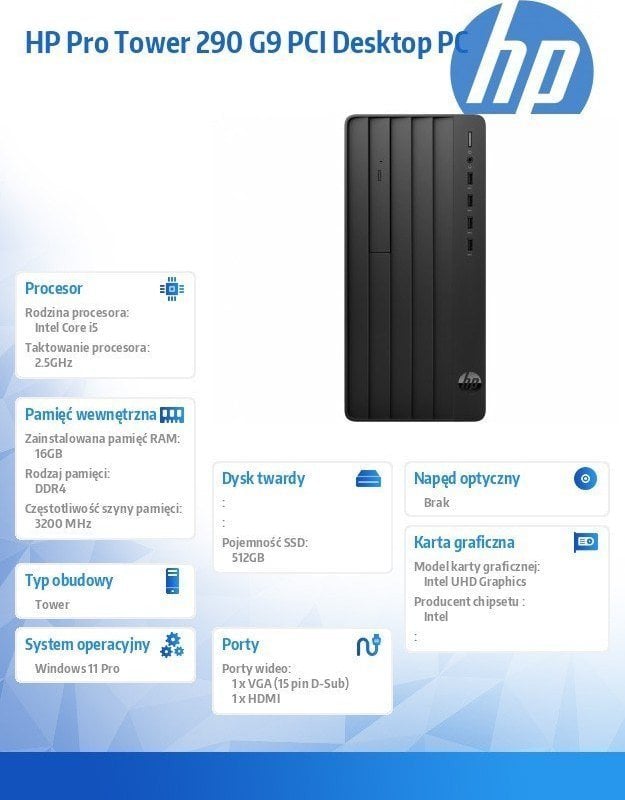 Компјутер HP Pro Tower 290 G9, Intel i5-13500, 512GB SSD, 16GB DDR4, W11, црна боја