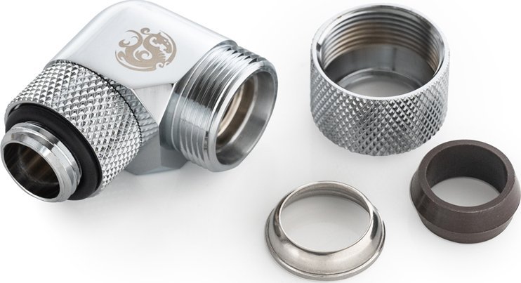 Adaptues uji Bitspower Advanced, 90°, G1/4 në hardtube 12mm, i argjendtë