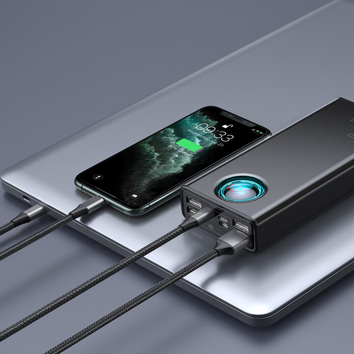 Powerbank me ekran dixhital Baseus Ambilight Overseas Edi QC, 30000mAh, 100W, i zi + kabllo USB-C/USB-C 1m, e zezë