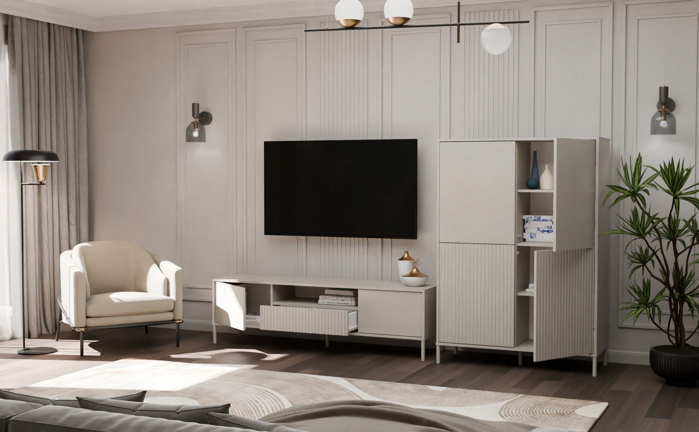 Kabinet TV KAMARO 160, MDF, me rafte dhe dollapë, bezh kashmiri