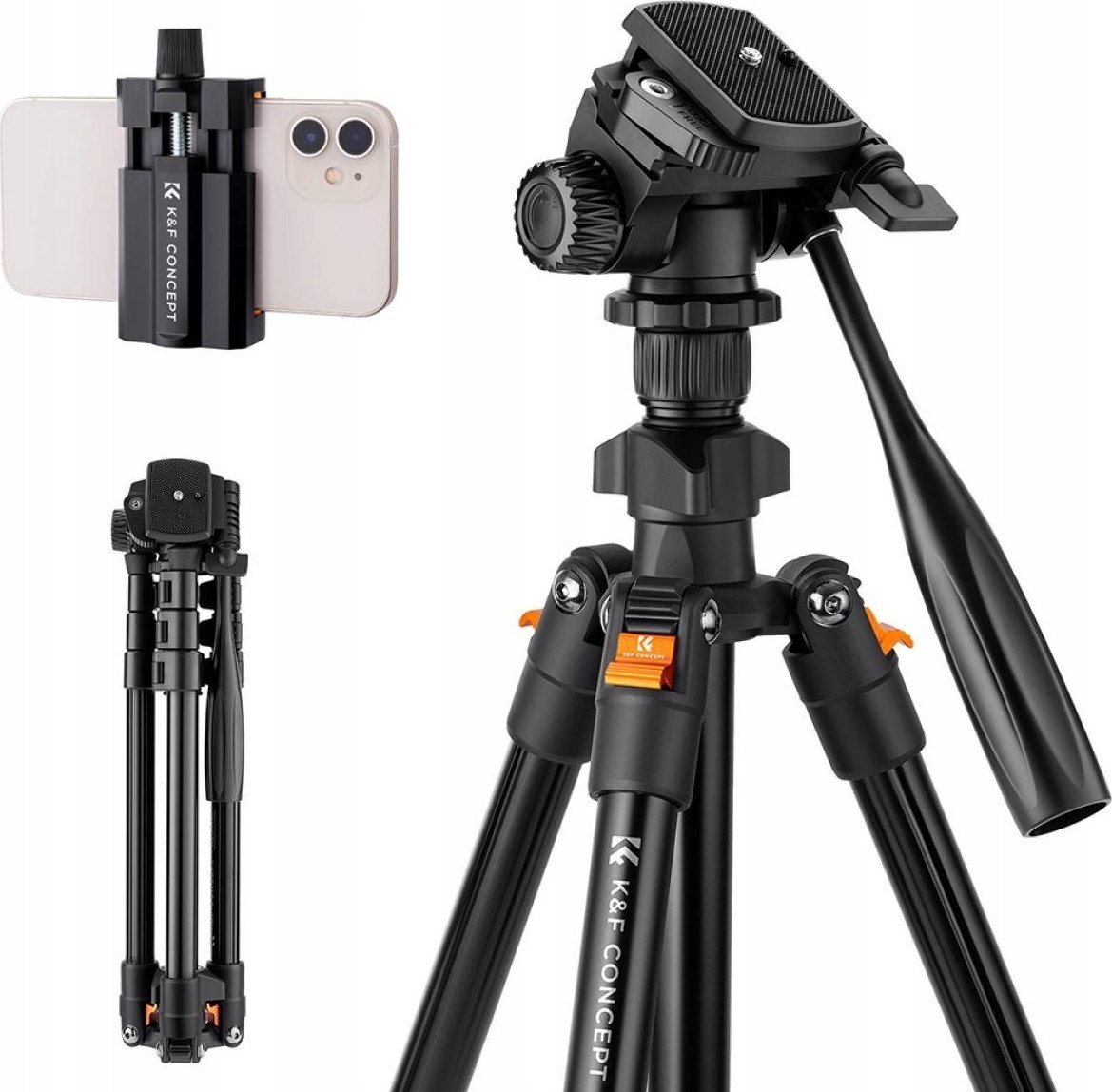 Tripod për aparat fotografik K&amp;F Concept KF09.115 K234A0, 51-162 cm, kokë panoramike 360°, i zi