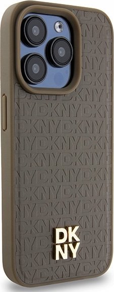 Mbështjellës telefoni DKNY Leather Monogram Metal Logo MagSafe, për iPhone 14 Pro Max 6.7", hardcase lëkurë, kafe