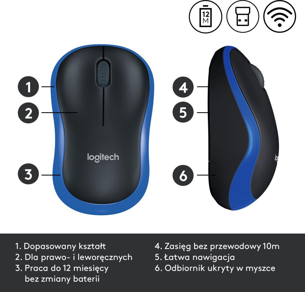 Maus Logitech M185, wireless, USB, i zi dhe i kaltërt