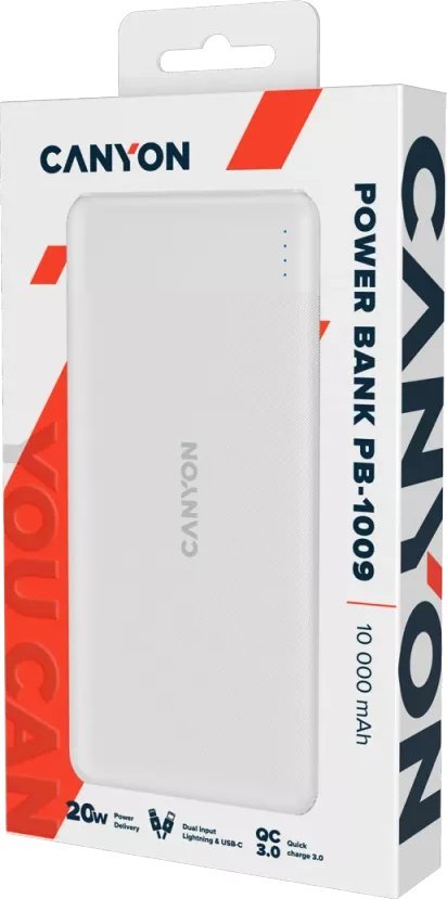 Powerbank Canyon PB-109, 10000mAh, PD QC 3.0 Lightning, i bardhë