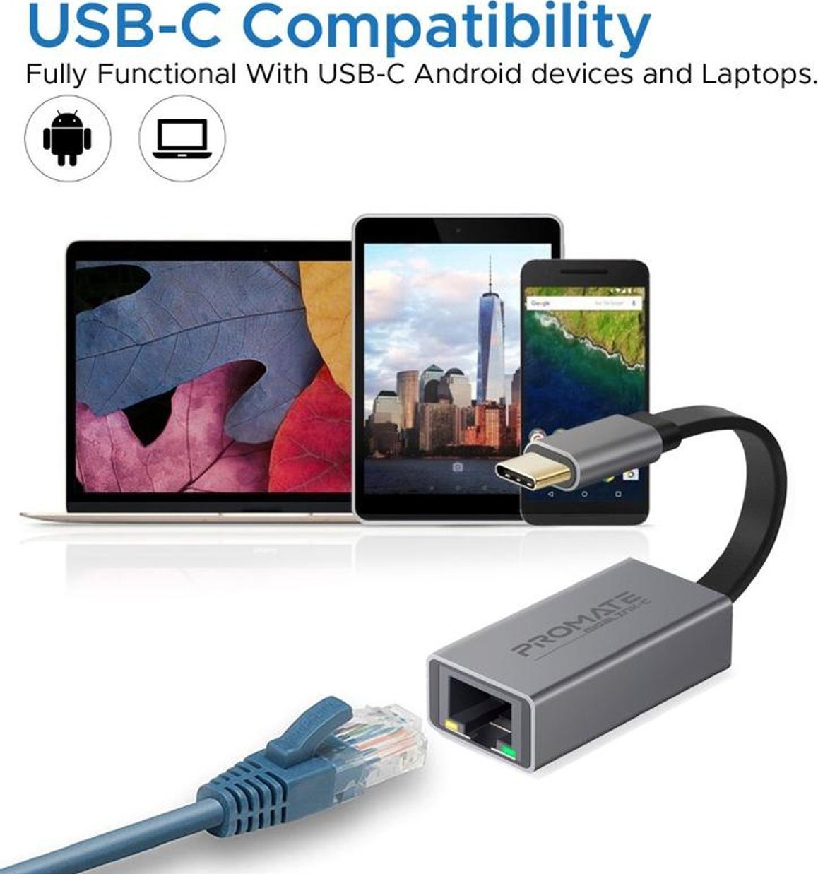 Adapter USB C në RJ45 Promate High Speed, Gigabit Ethernet, kompakt, gri