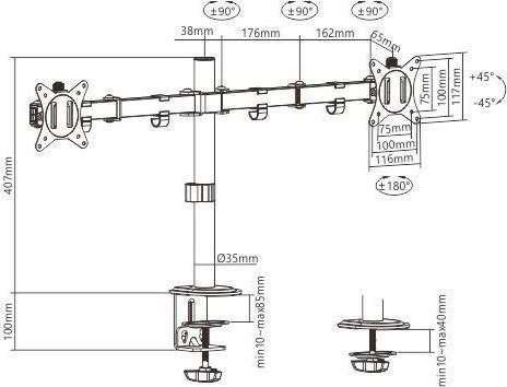 Mbajtëse tavoline për 2 monitorë Gembird (MA-D2-01), 17" - 32", e zezë