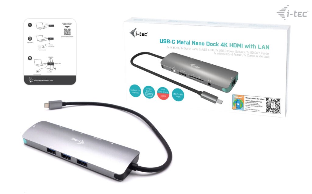 Stacion lidhës i-tec Metal USB-C Nano, HDMI 4K, 100W, i argjendtë