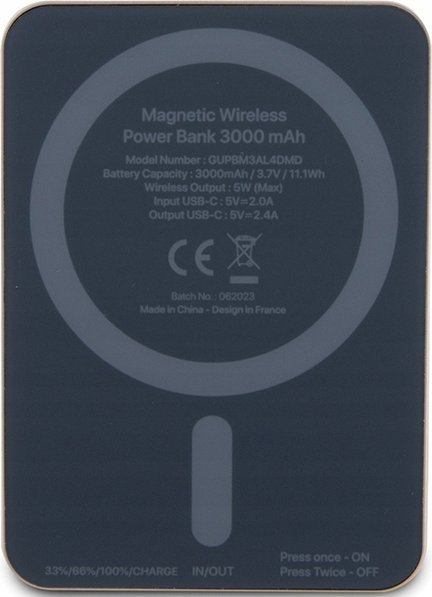 Powerbank wireless Guess GUPBM3ALGSGD, 3000mAh, 5W MagSafe, gold metalik