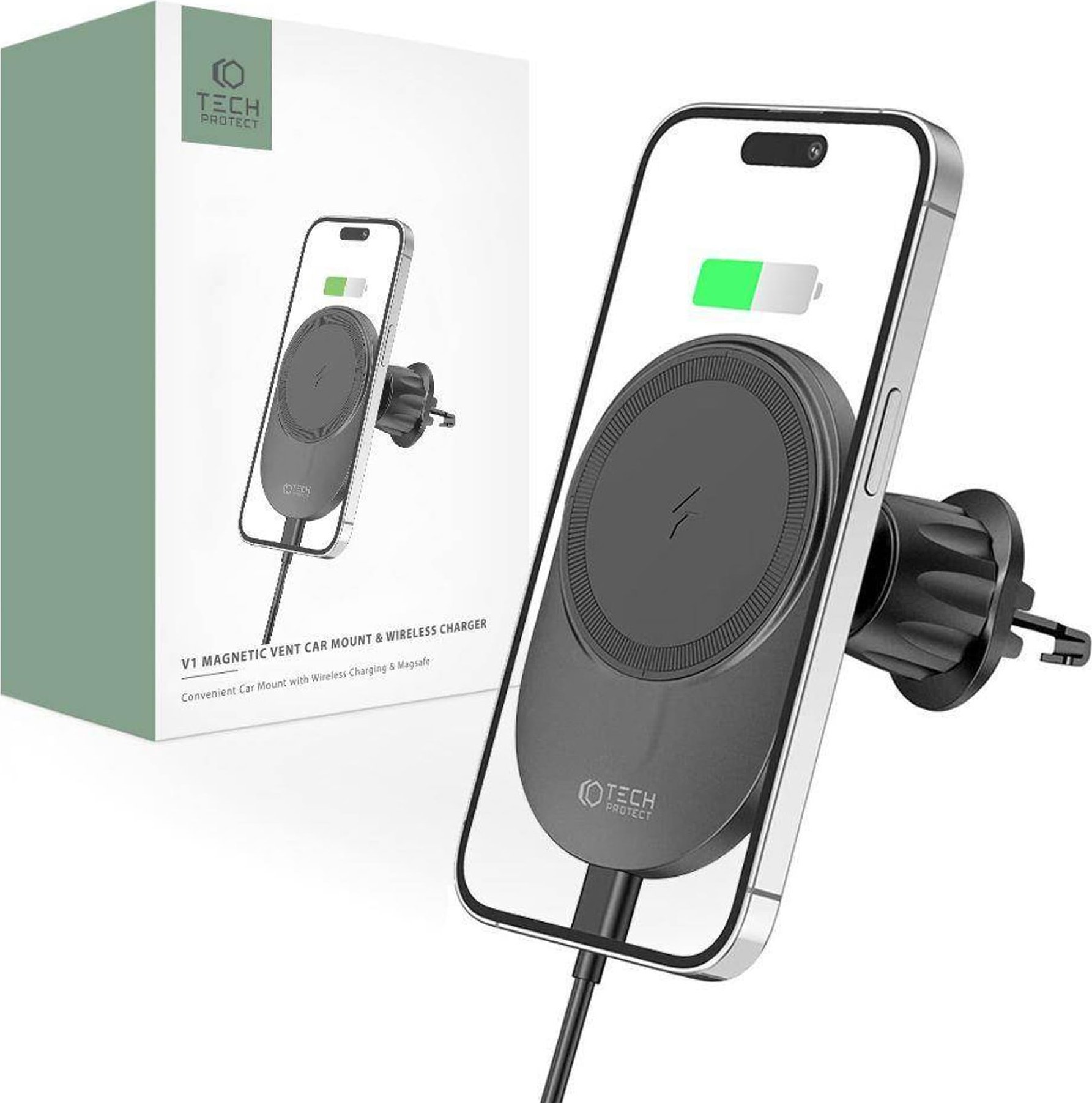 Mbajtëse magnetike për veturë Tech-Protect MM15W-V1, MagSafe, karikim wireless 15W, e zezë