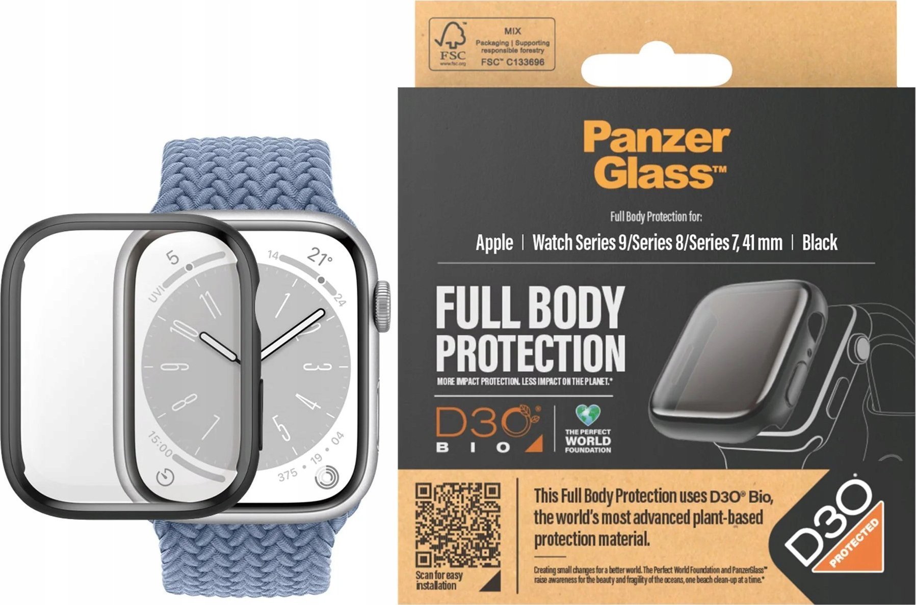 Mbrojtës ekrani PanzerGlass Apple Watch Series 9, 41mm, Full Body, i zi transparent
