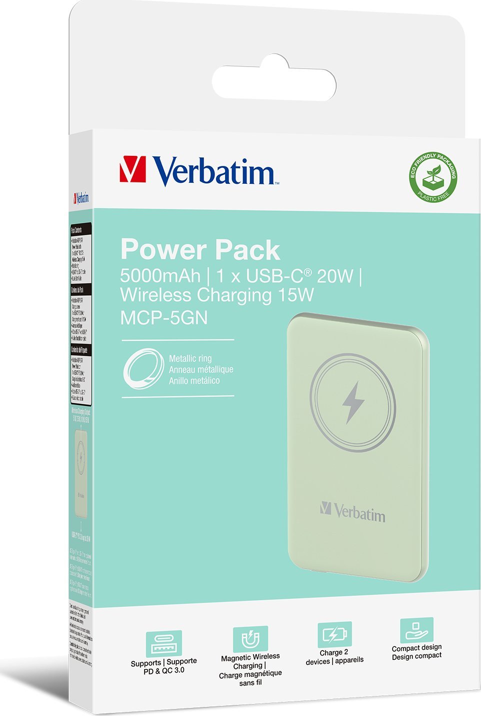 Karikues portativ Verbatim Charge 'n' Go, 5000mAh, karikim wireless magnetik, i gjelbër