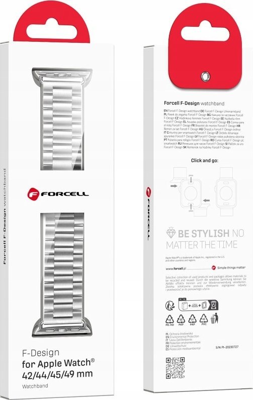Rrip ore FORCELL F-DESIGN FA10 për Apple Watch 42 44 45 49 mm, çelik inox, argjendtë