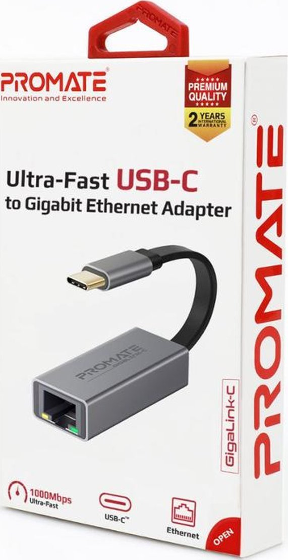 Adapter USB C në RJ45 Promate High Speed, Gigabit Ethernet, kompakt, gri