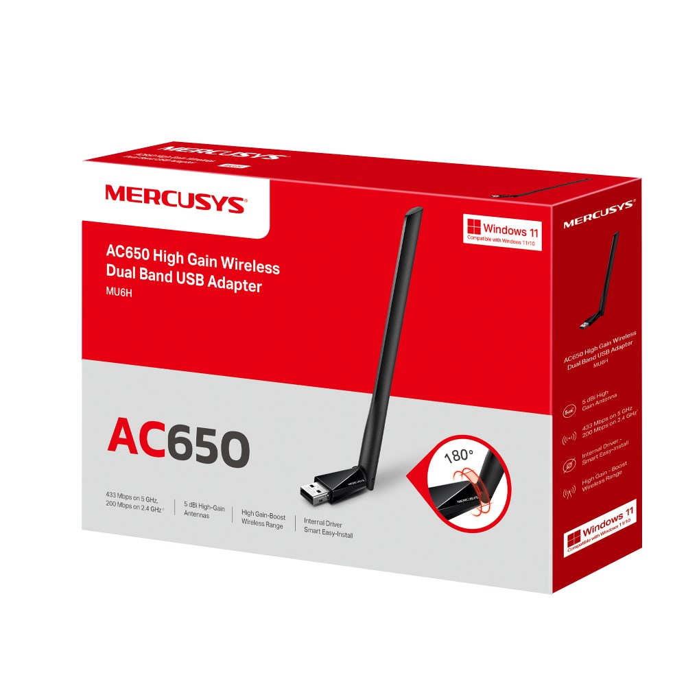 Kartë rrjeti WiFi Mercusys MU6H AC650, USB, Dual Band, e zezë