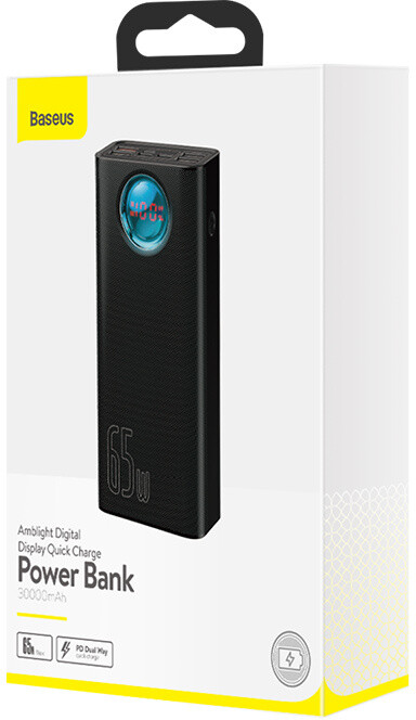 Powerbank me ekran dixhital Baseus Ambilight Overseas Edi QC, 30000mAh, 100W, i zi + kabllo USB-C/USB-C 1m, e zezë