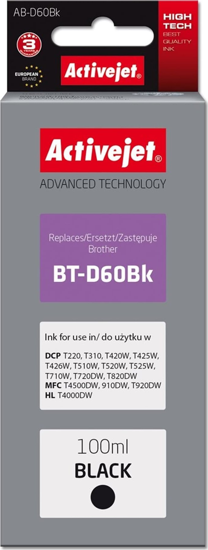 Bojë printeri Activejet AB-D60Bk, zëvendësim për Brother BT-D60Bk, 100 ml, e zezë